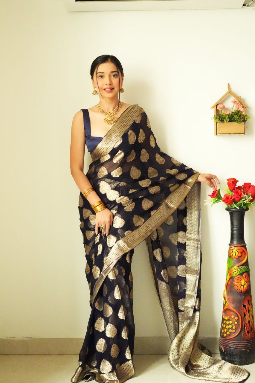 Melodic 1-Minute Ready To Wear Black Soft Silk Saree