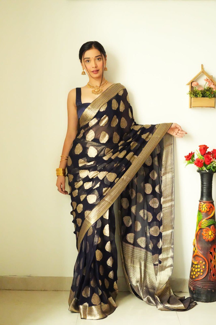 Melodic 1-Minute Ready To Wear Black Soft Silk Saree
