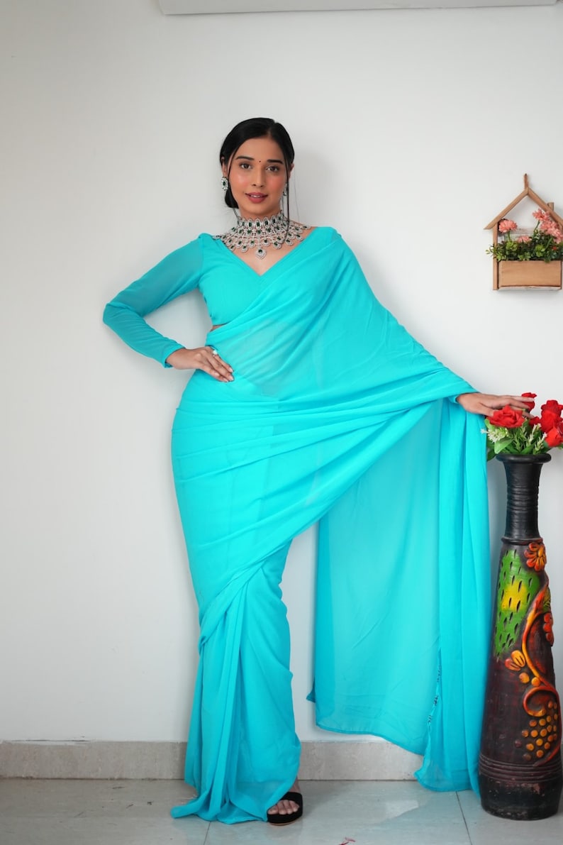 Fascinately 1-Minute Ready To Wear Firozi Georgette Saree