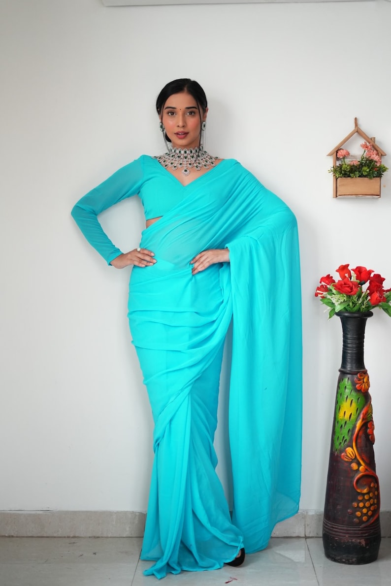 Fascinately 1-Minute Ready To Wear Firozi Georgette Saree