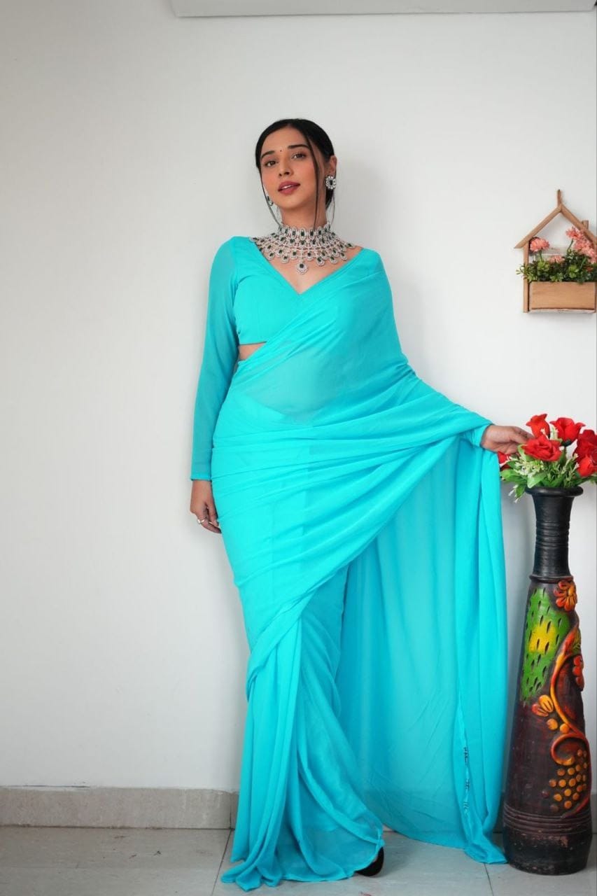 Fascinately 1-Minute Ready To Wear Firozi Georgette Saree