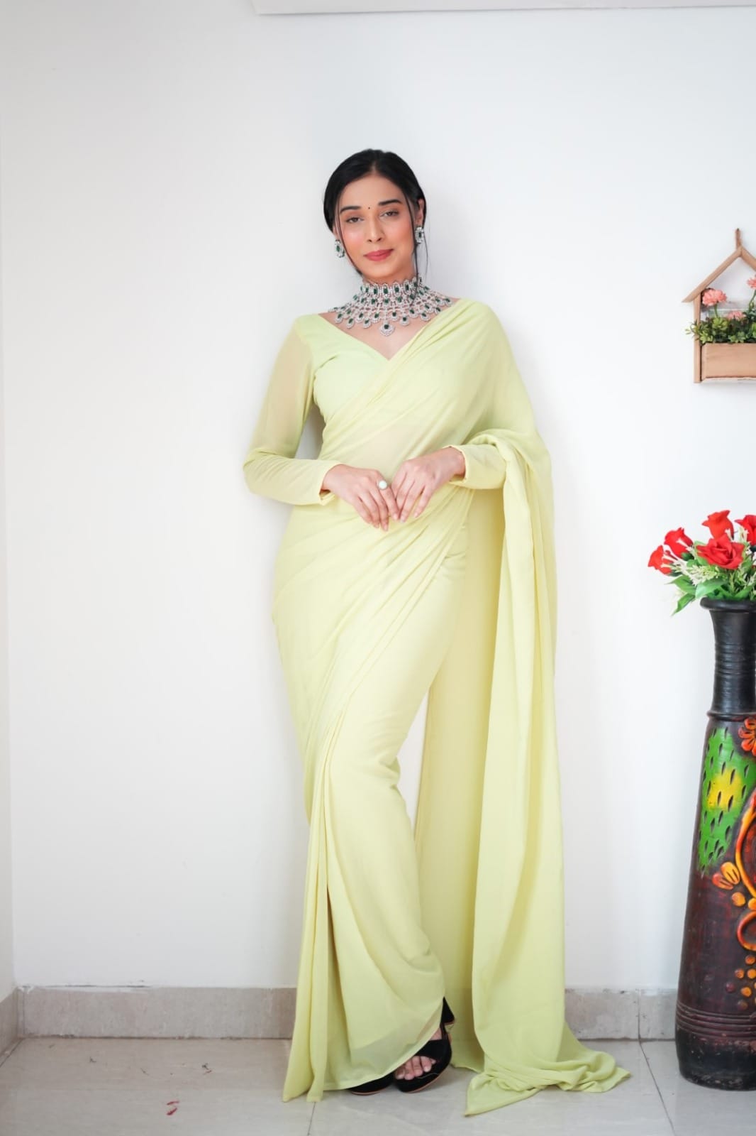 Phenomenally 1-Minute Ready To Wear Lemon Georgette Saree