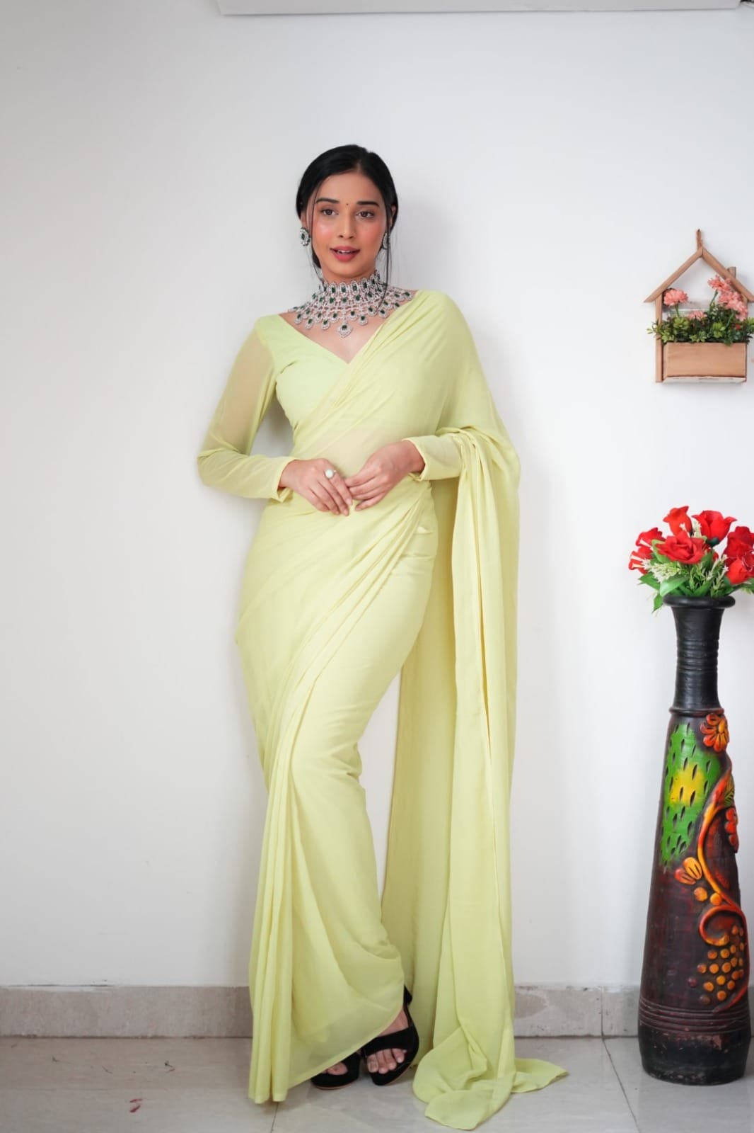 Phenomenally 1-Minute Ready To Wear Lemon Georgette Saree
