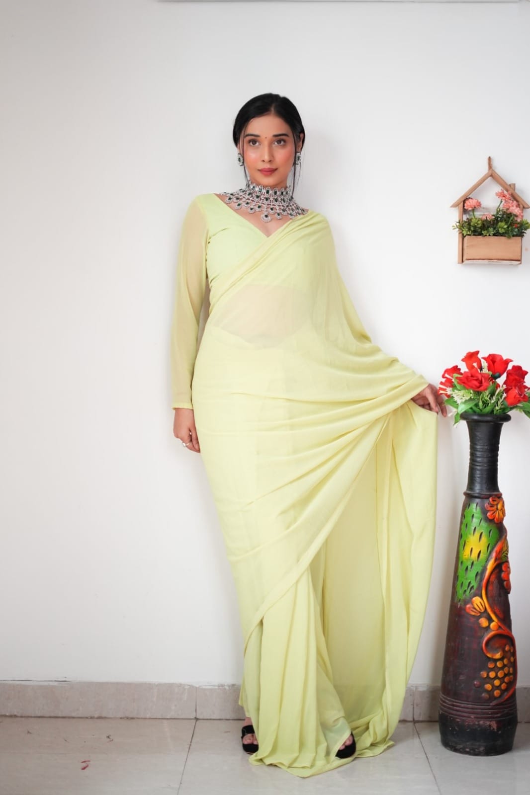 Phenomenally 1-Minute Ready To Wear Lemon Georgette Saree