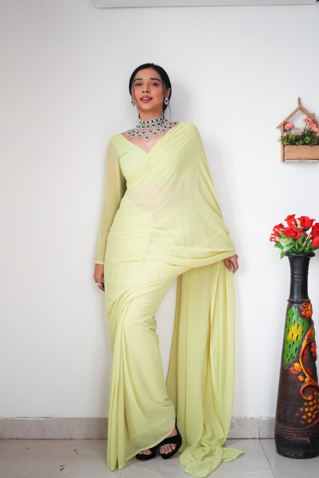 Phenomenally 1-Minute Ready To Wear Lemon Georgette Saree