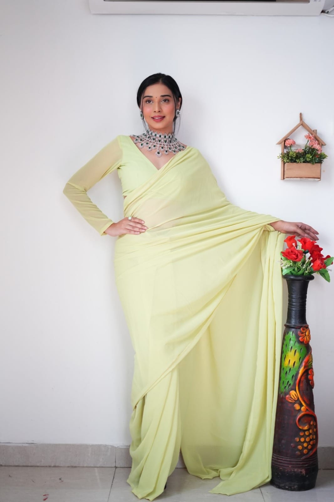 Phenomenally 1-Minute Ready To Wear Lemon Georgette Saree