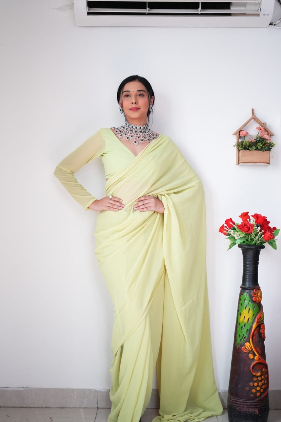 Phenomenally 1-Minute Ready To Wear Lemon Georgette Saree
