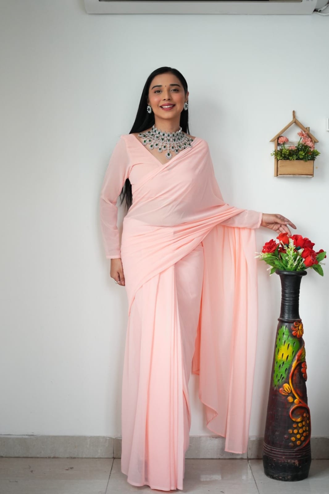 Elegancy 1-Minute Ready To Wear Light Pink Georgette Saree