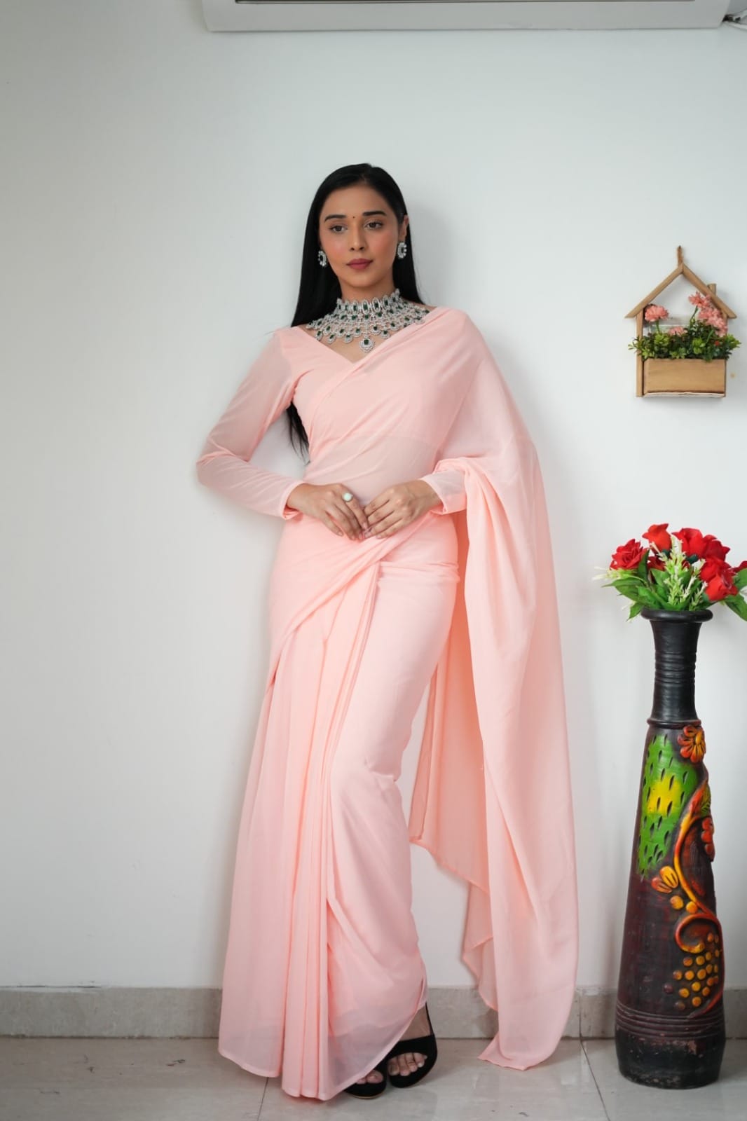 Elegancy 1-Minute Ready To Wear Light Pink Georgette Saree