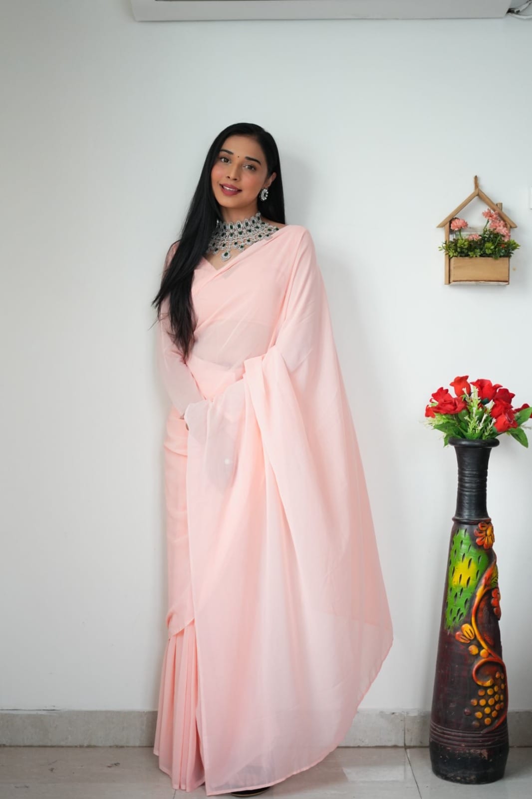 Elegancy 1-Minute Ready To Wear Light Pink Georgette Saree