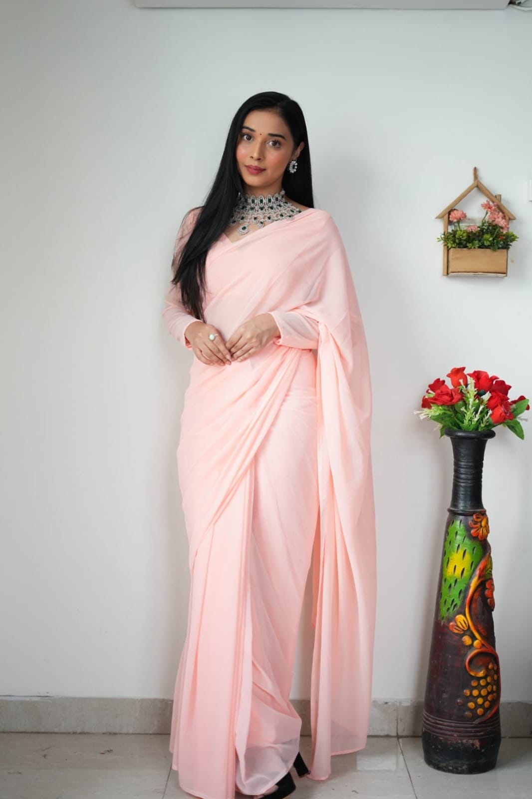 Elegancy 1-Minute Ready To Wear Light Pink Georgette Saree
