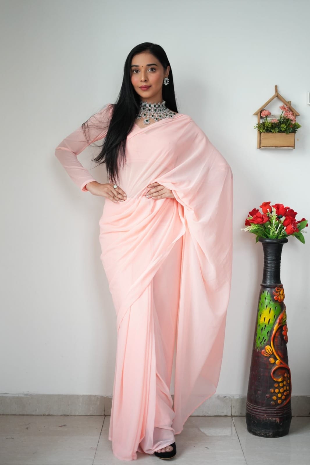 Elegancy 1-Minute Ready To Wear Light Pink Georgette Saree
