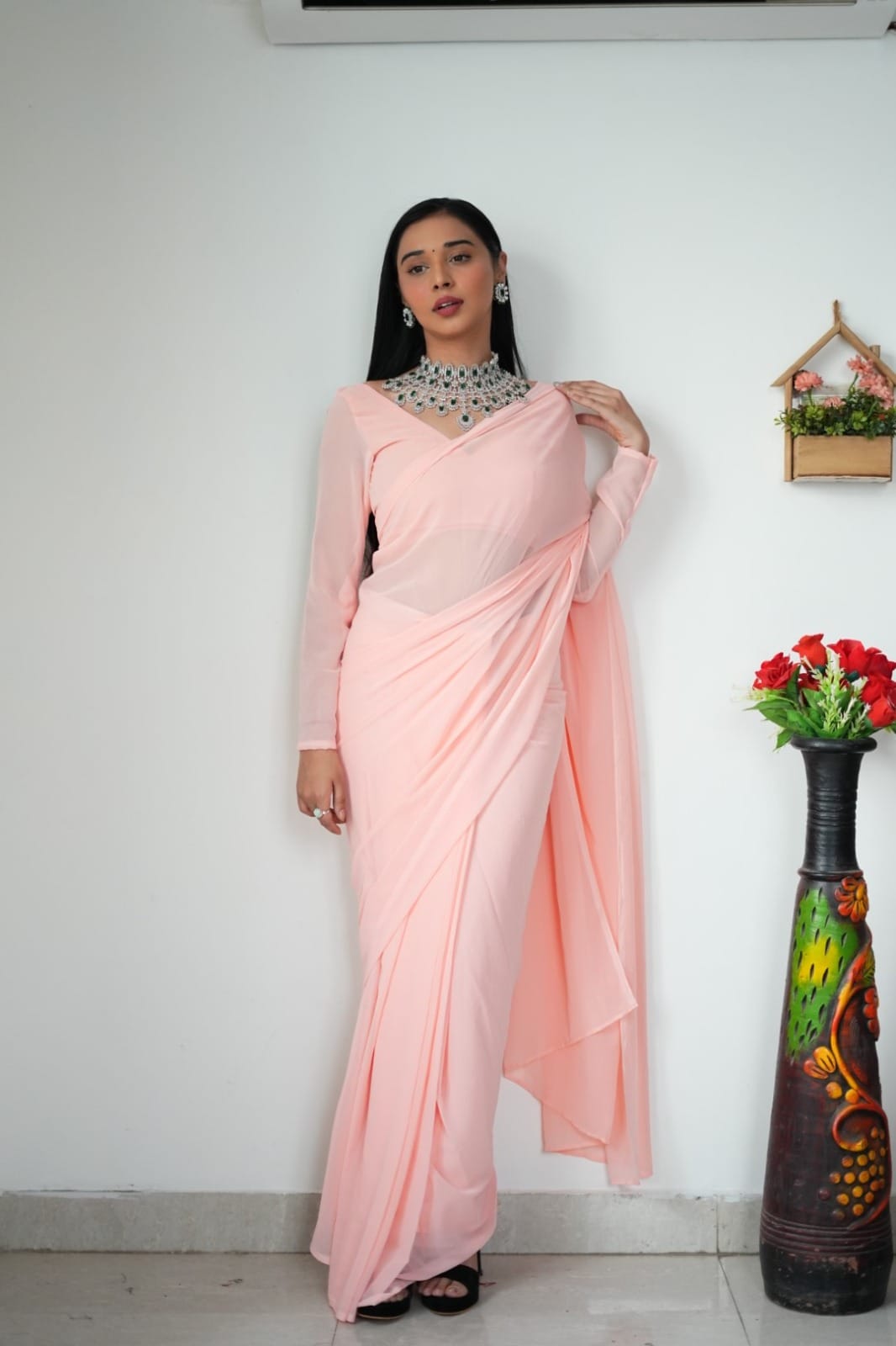 Elegancy 1-Minute Ready To Wear Light Pink Georgette Saree