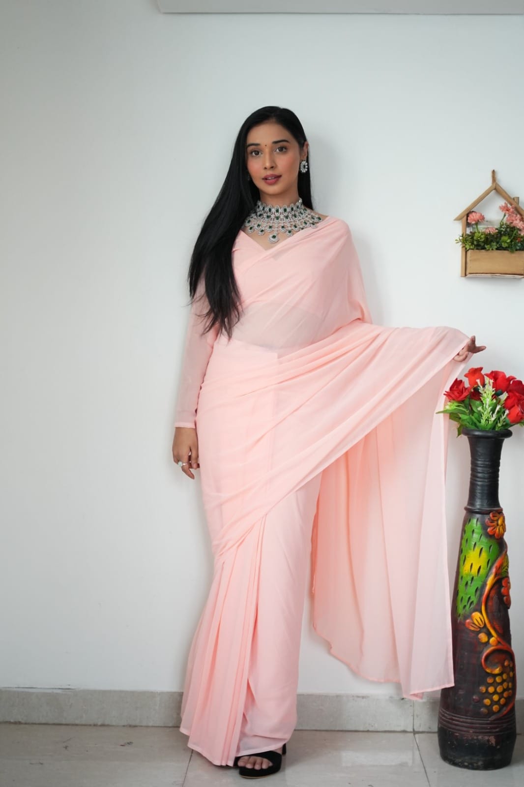 Elegancy 1-Minute Ready To Wear Light Pink Georgette Saree