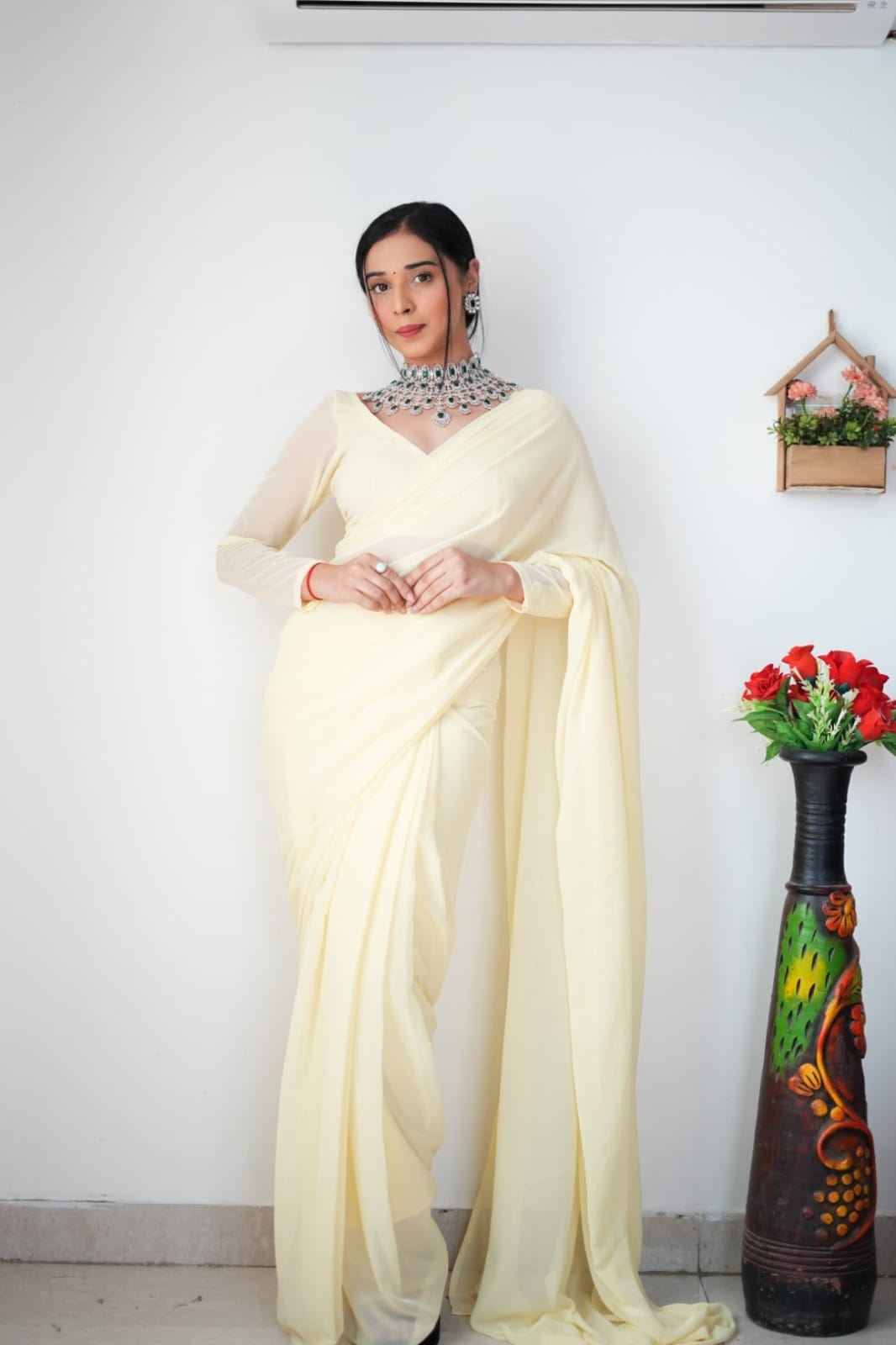 Radiance 1-Minute Ready To Wear Off White Georgette Saree