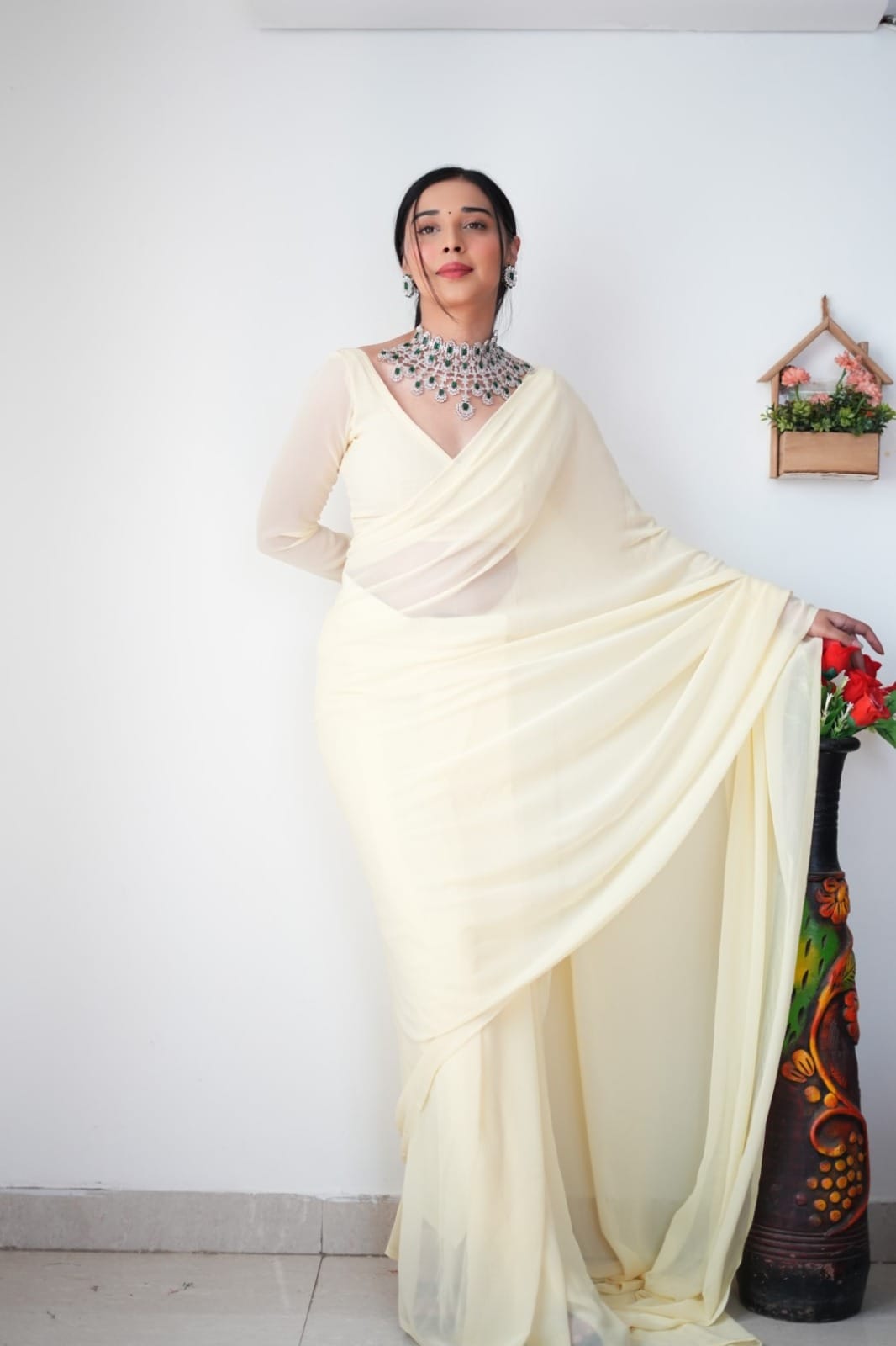 Radiance 1-Minute Ready To Wear Off White Georgette Saree