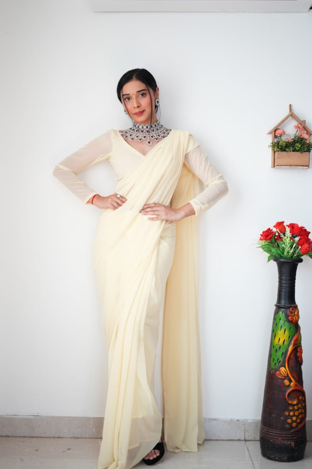 Radiance 1-Minute Ready To Wear Off White Georgette Saree