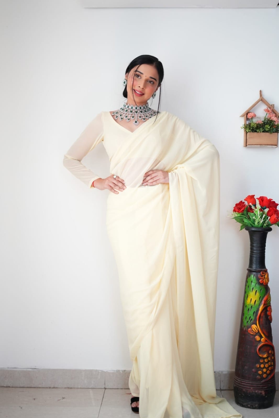 Radiance 1-Minute Ready To Wear Off White Georgette Saree
