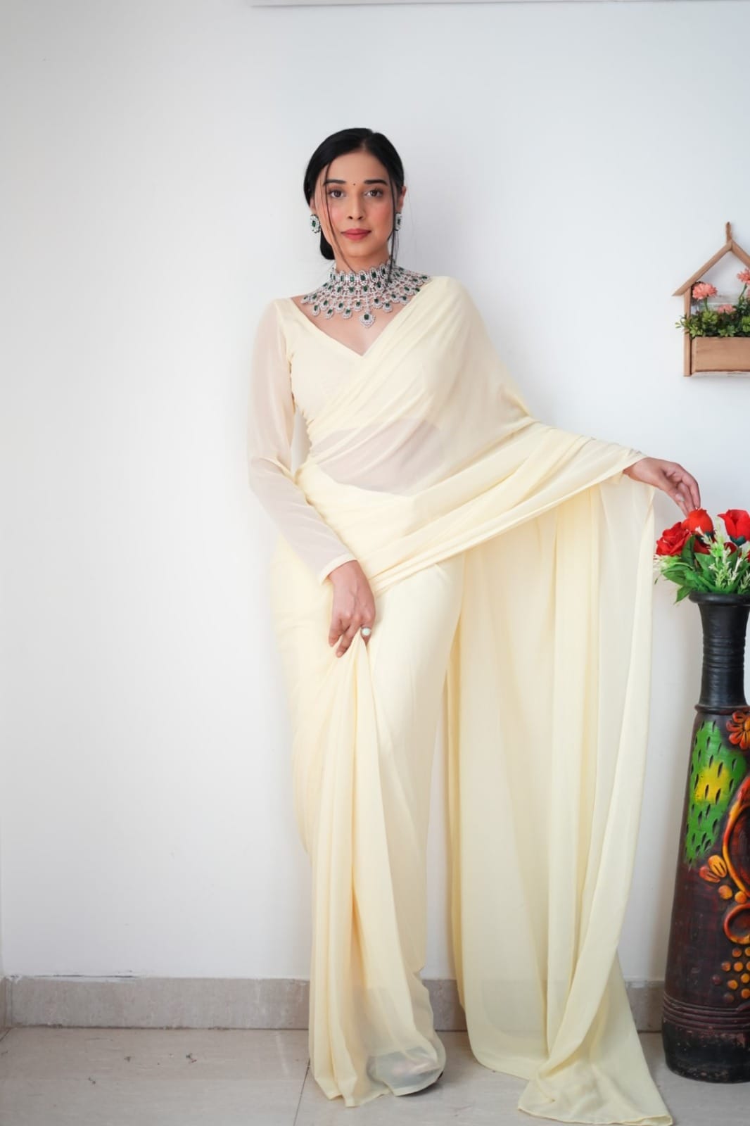 Radiance 1-Minute Ready To Wear Off White Georgette Saree