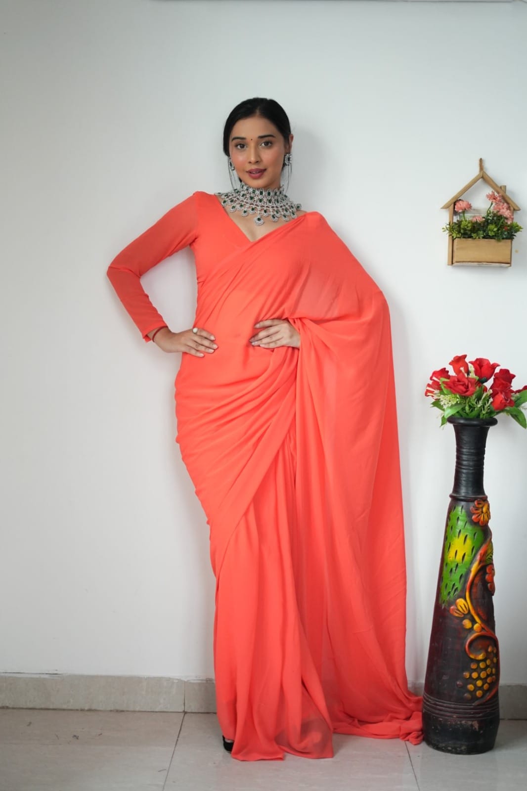 Exceptional 1-Minute Ready To Wear Orange Georgette Saree