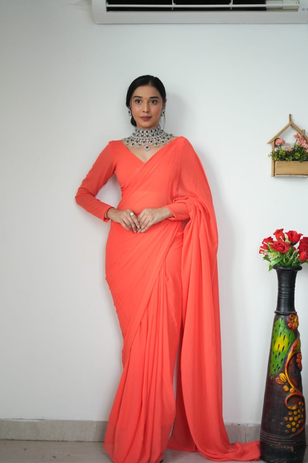 Exceptional 1-Minute Ready To Wear Orange Georgette Saree