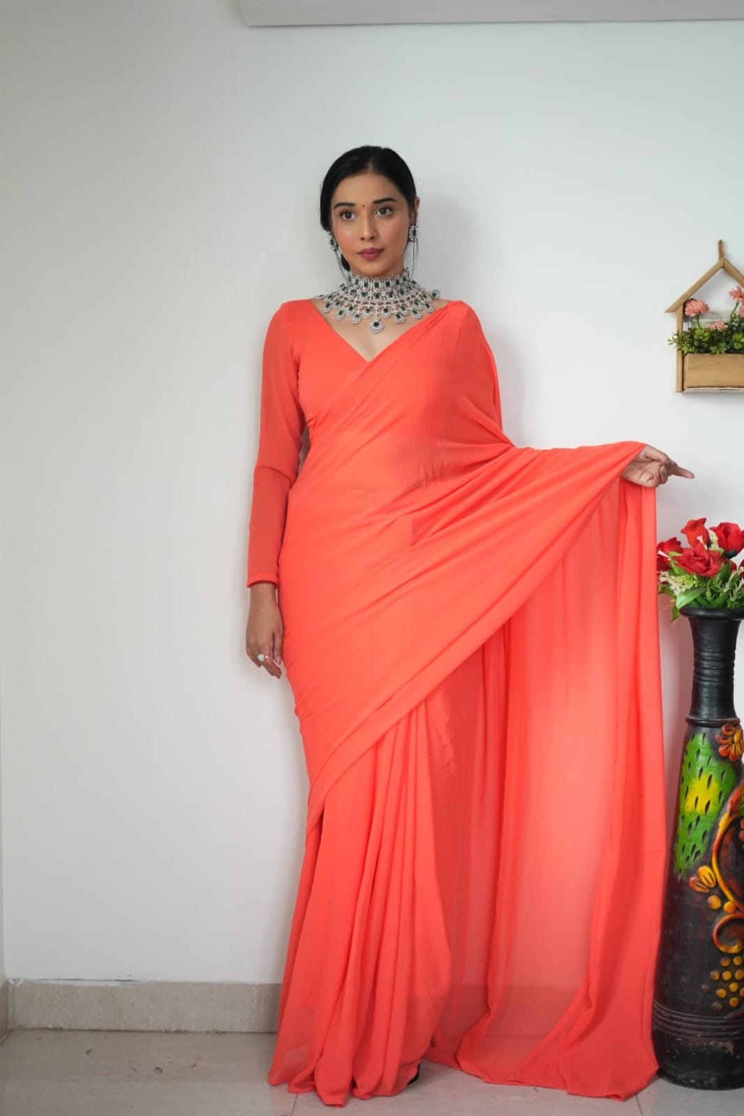 Exceptional 1-Minute Ready To Wear Orange Georgette Saree
