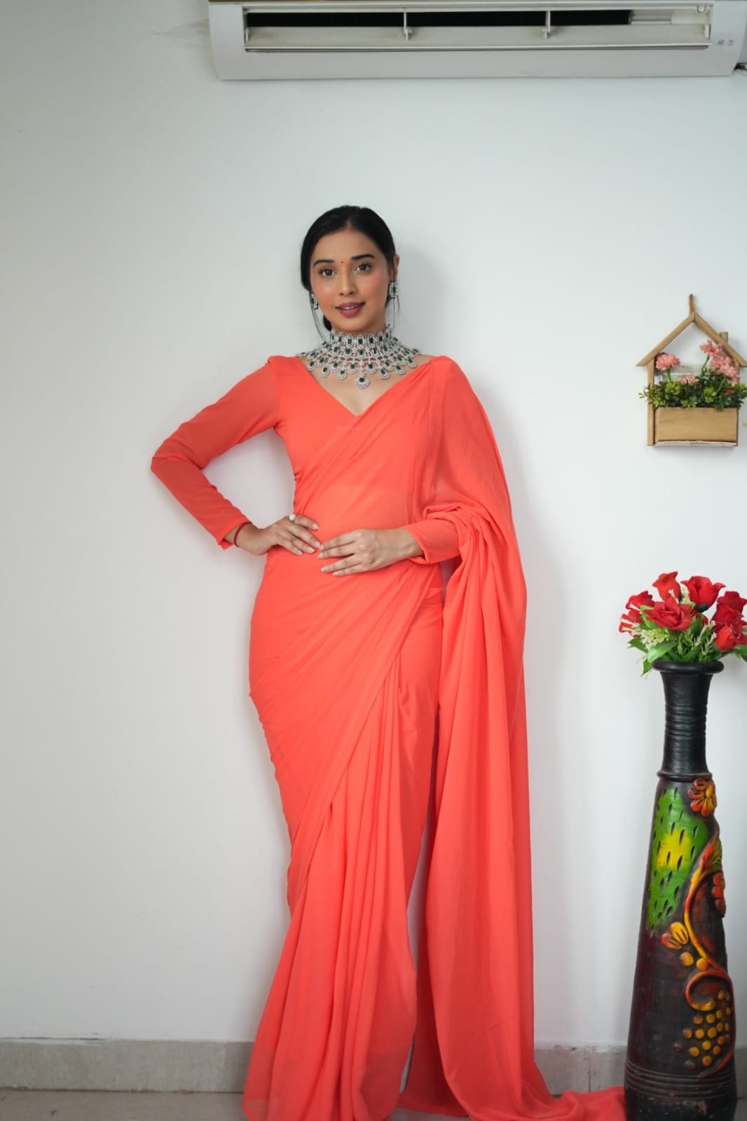 Exceptional 1-Minute Ready To Wear Orange Georgette Saree