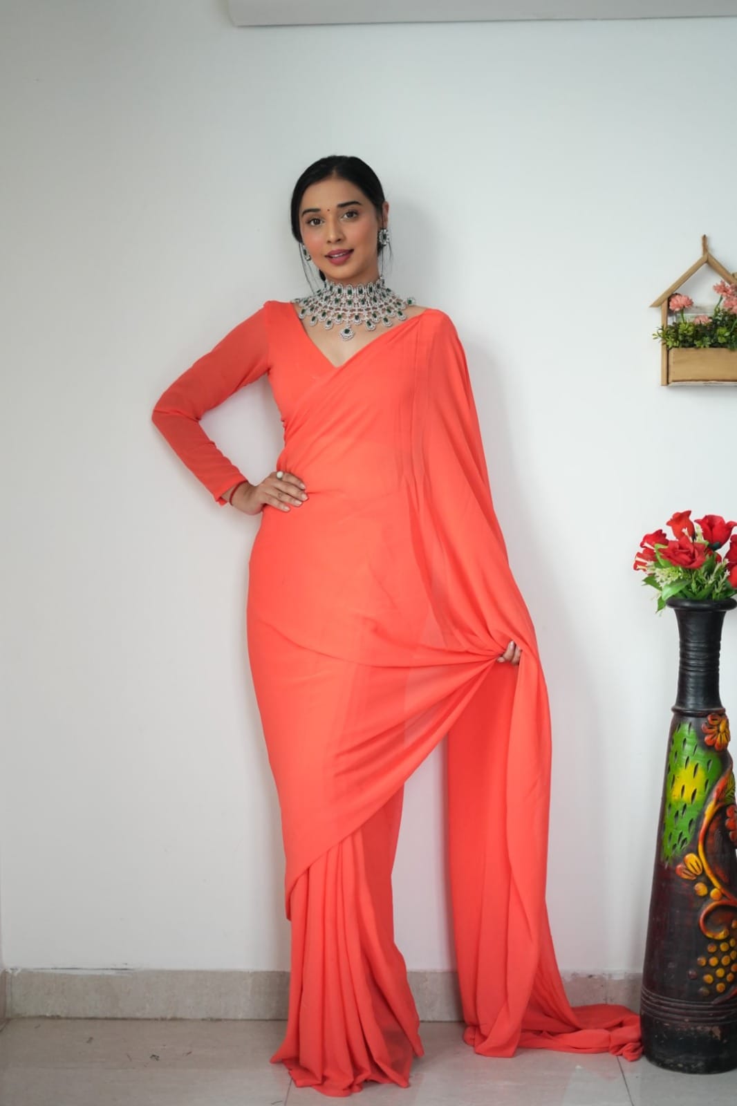 Exceptional 1-Minute Ready To Wear Orange Georgette Saree