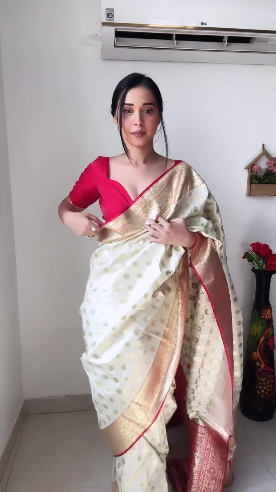 Beautiful 1-Minute Ready To Wear White Soft Silk Saree