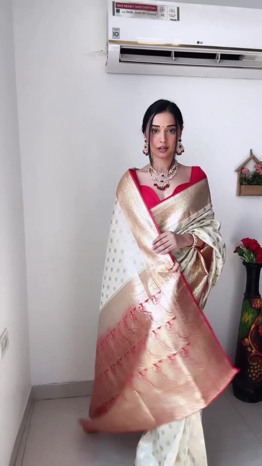 Beautiful 1-Minute Ready To Wear White Soft Silk Saree