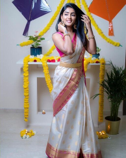 Unstitched Pink Blouse with White Saree Set	