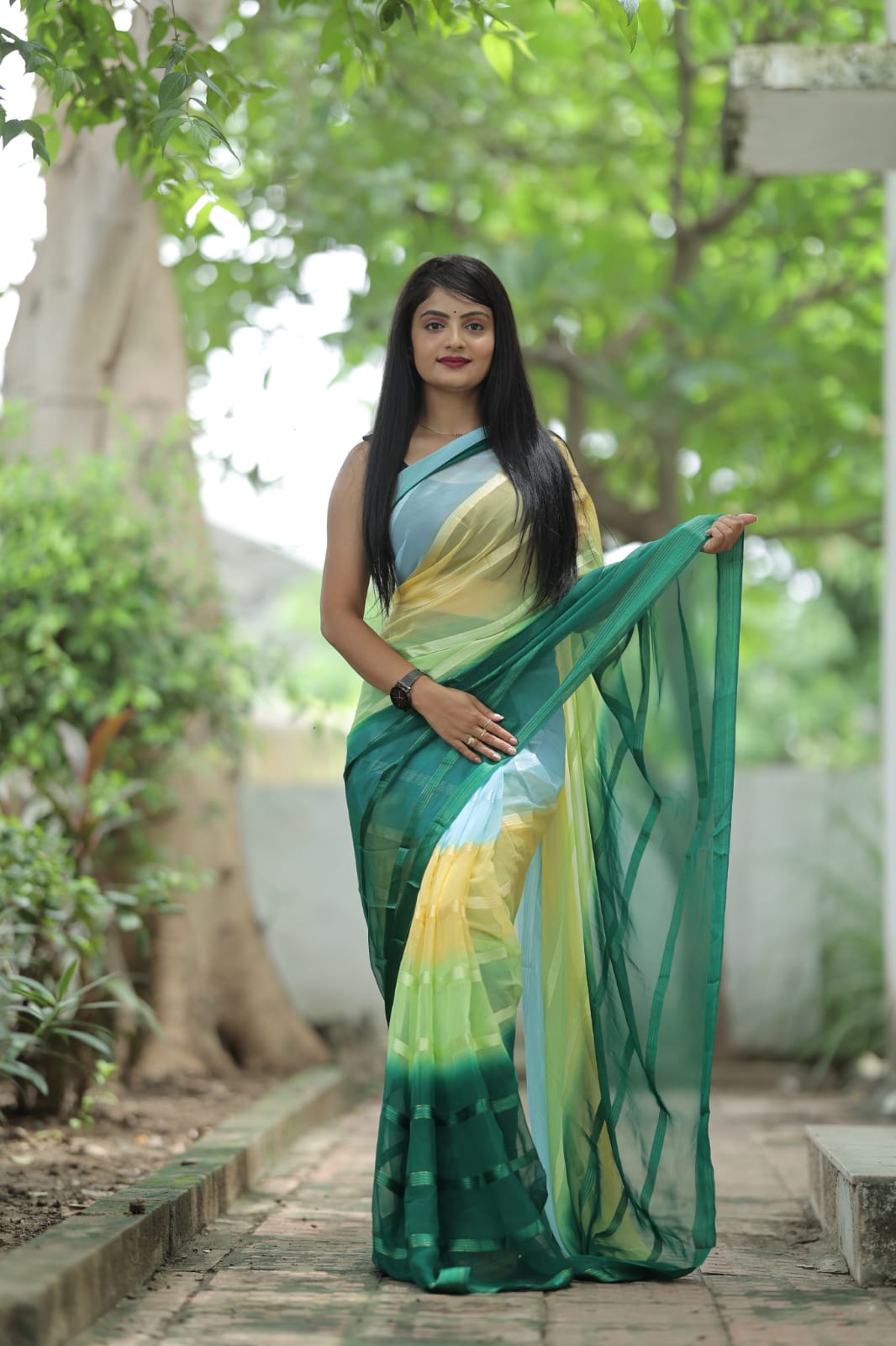 Echoing 1-Minute Ready To Wear Green Georgette Saree