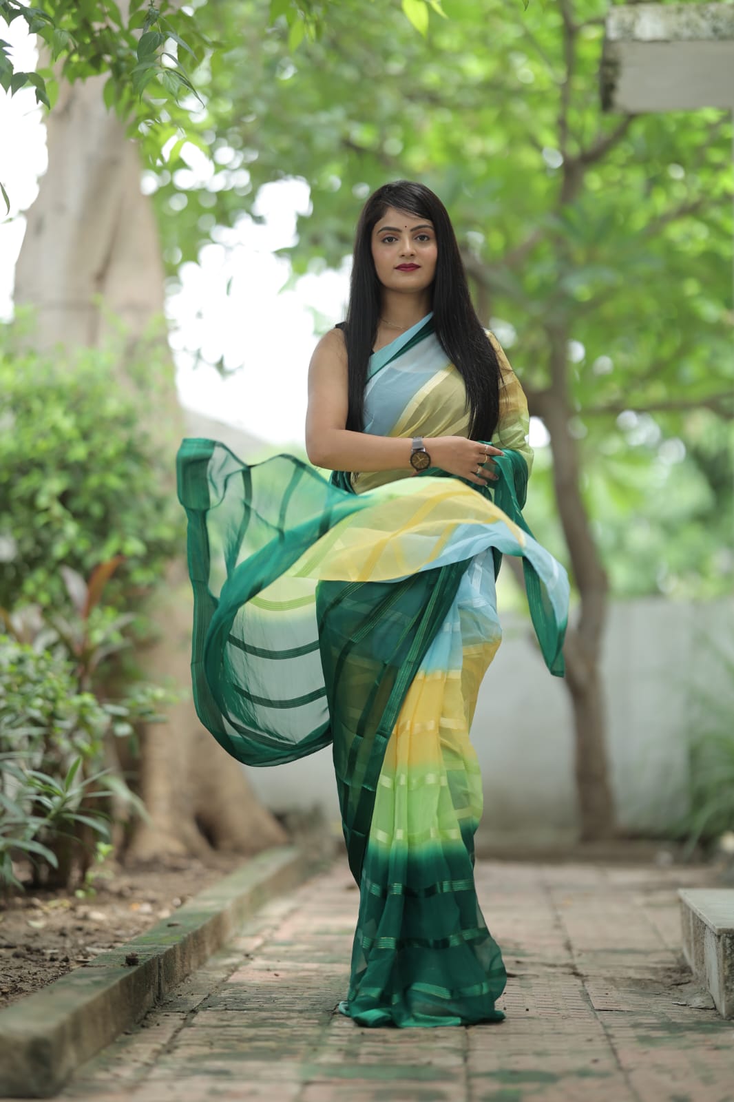Echoing 1-Minute Ready To Wear Green Georgette Saree