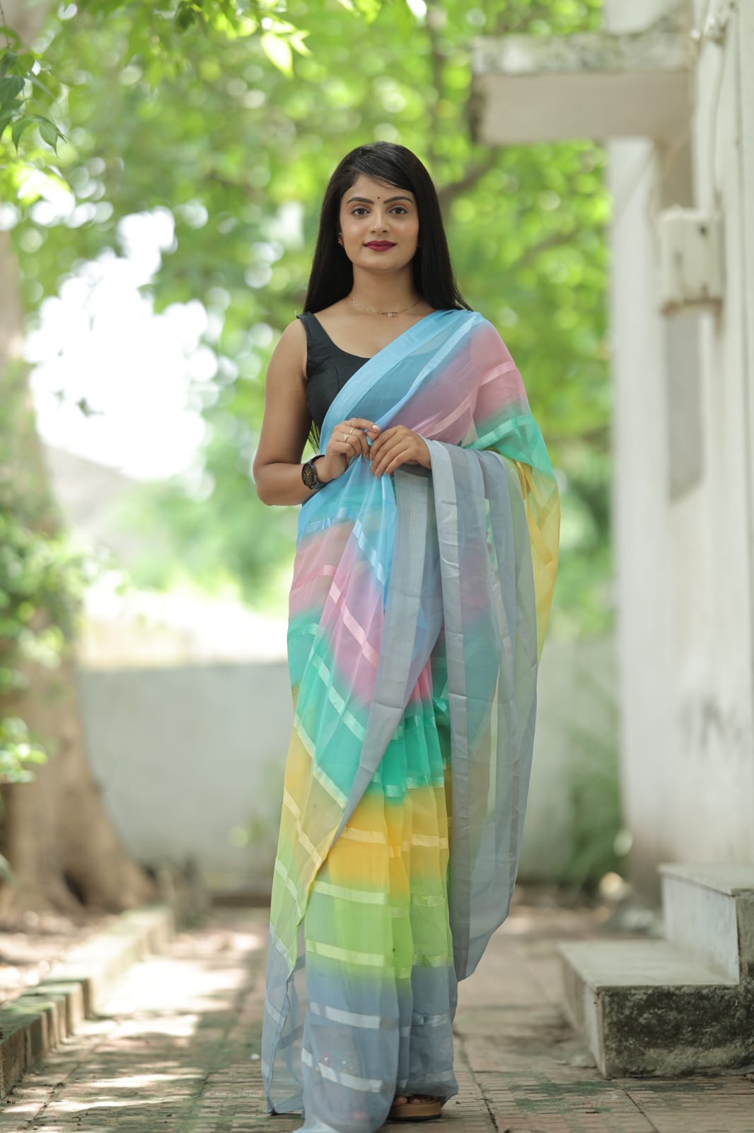 Radiant 1-Minute Ready To Wear Light Grey Georgette Saree