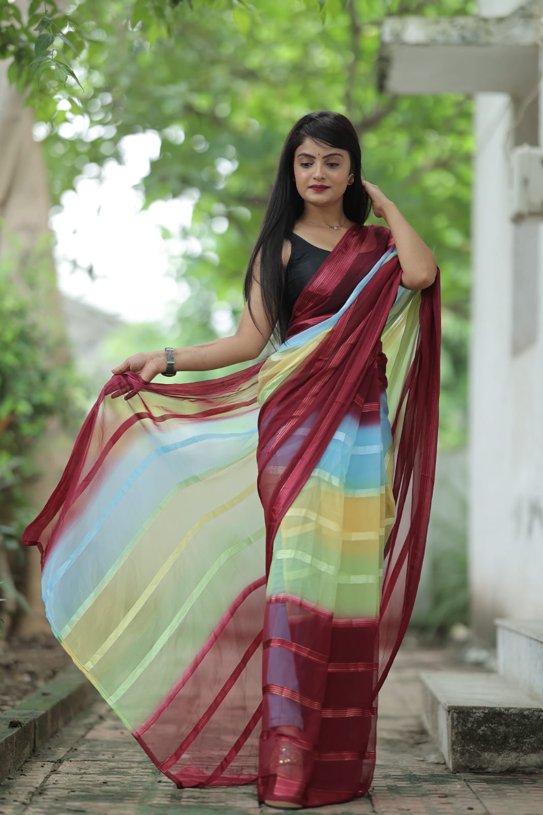 Celestial 1-Minute Ready To Wear Maroon Georgette Saree