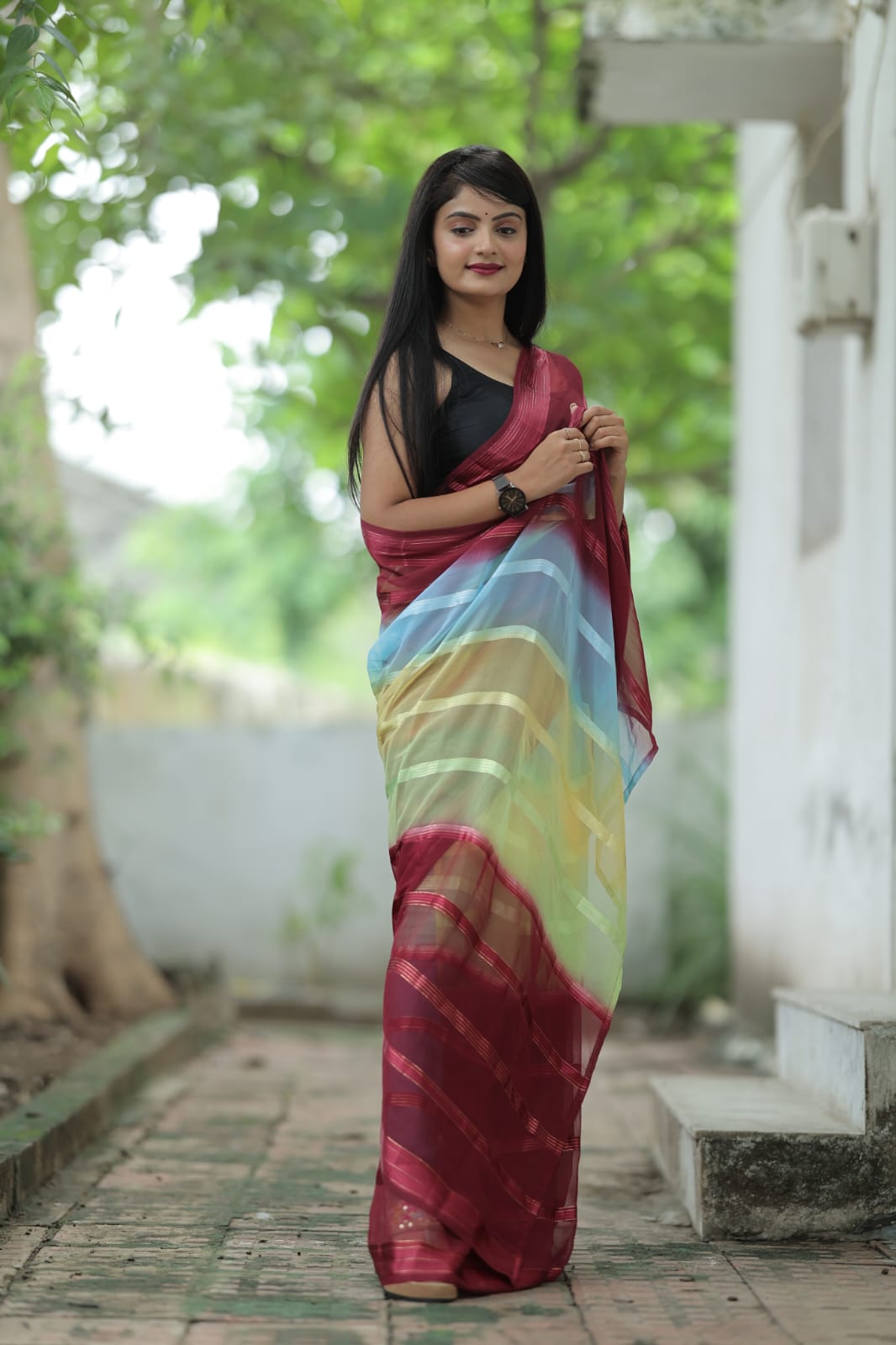 Celestial 1-Minute Ready To Wear Maroon Georgette Saree