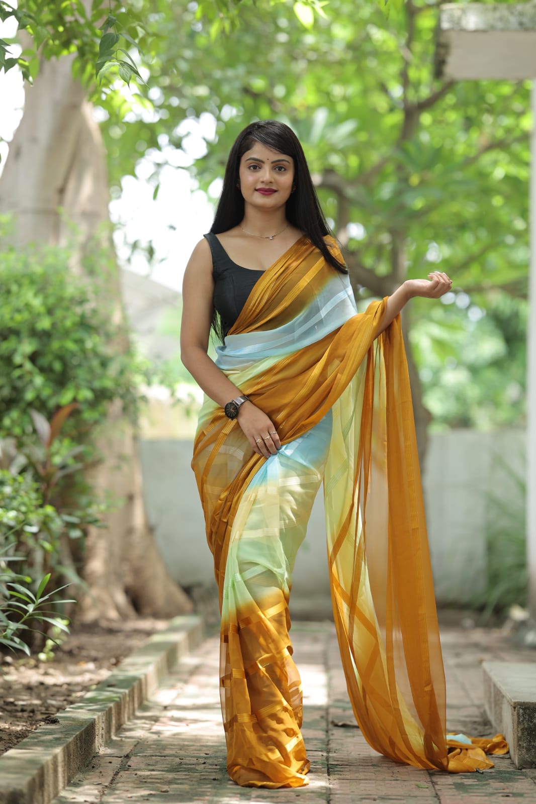 Magnetic 1-Minute Ready To Wear Mustard Georgette Saree