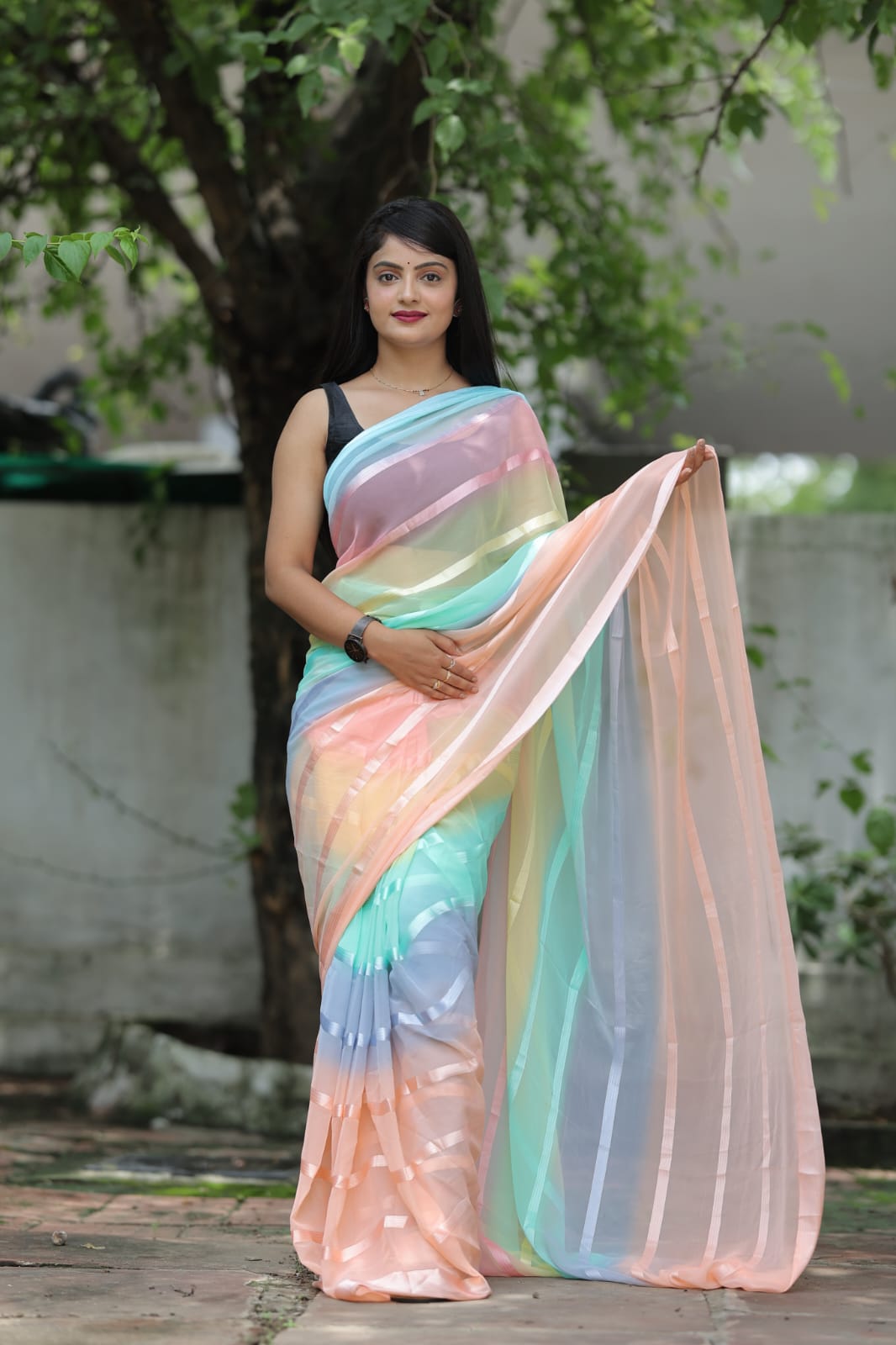 Charismatic 1-Minute Ready To Wear Peach Georgette Saree