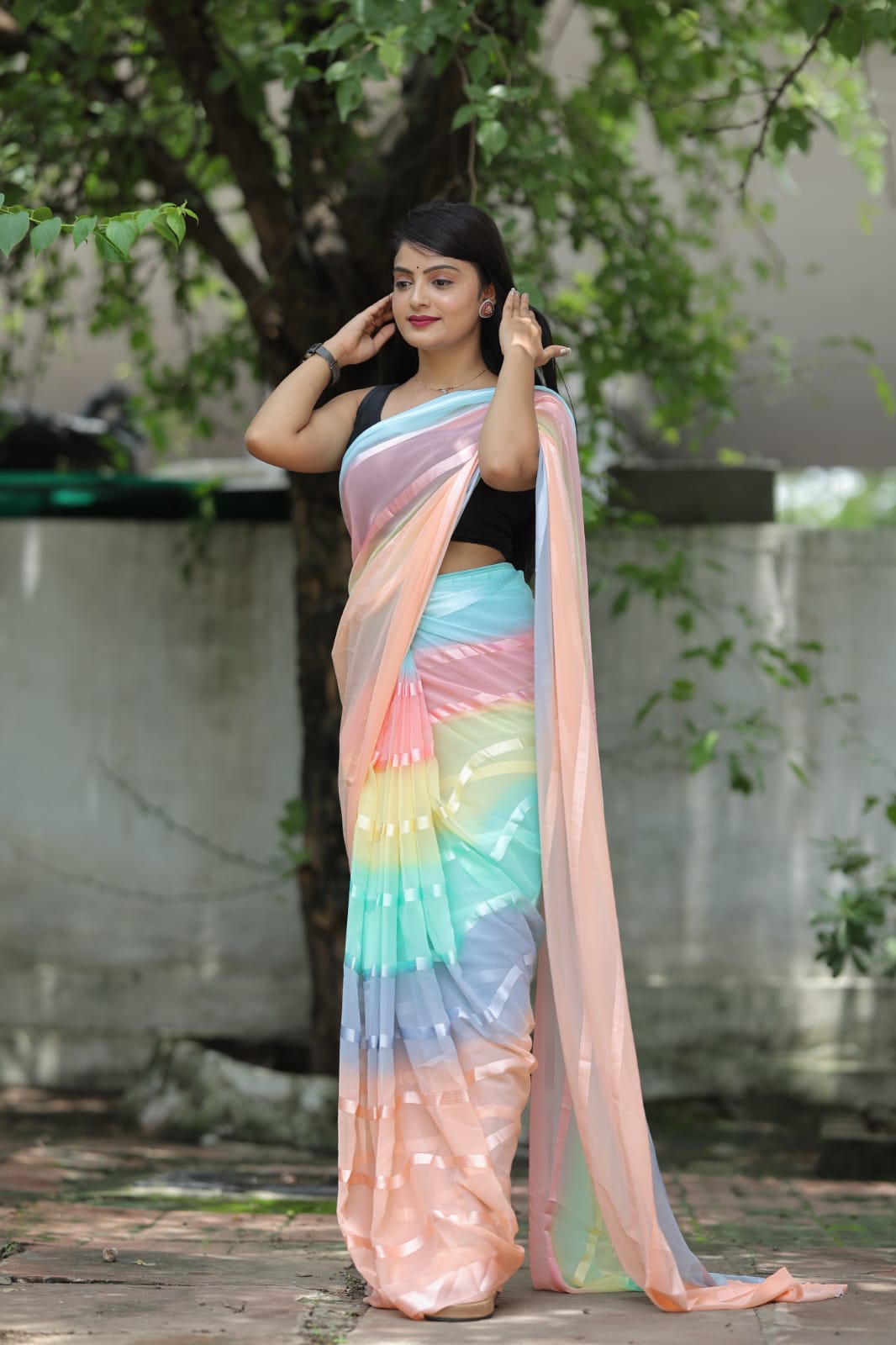 Charismatic 1-Minute Ready To Wear Peach Georgette Saree