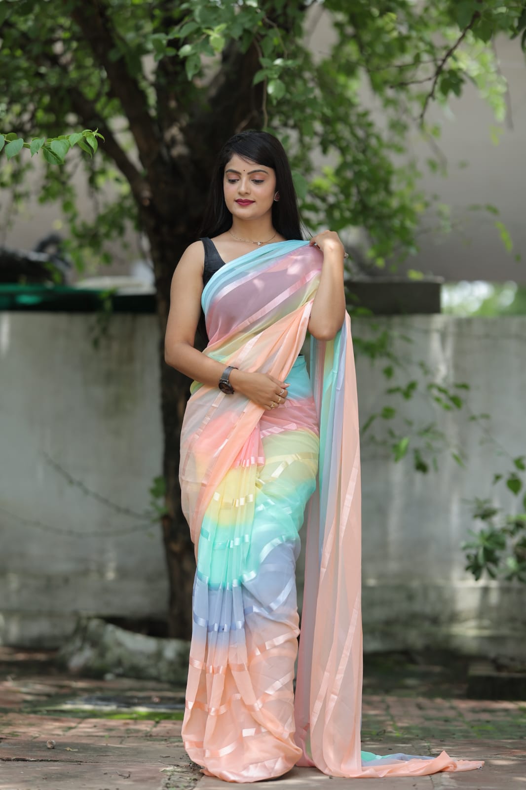 Charismatic 1-Minute Ready To Wear Peach Georgette Saree