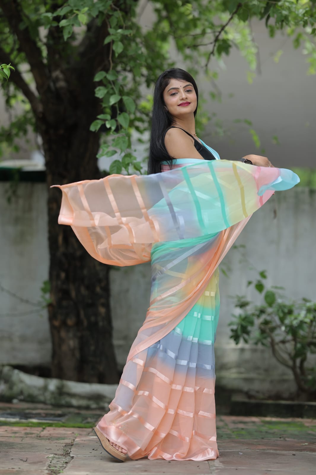 Charismatic 1-Minute Ready To Wear Peach Georgette Saree