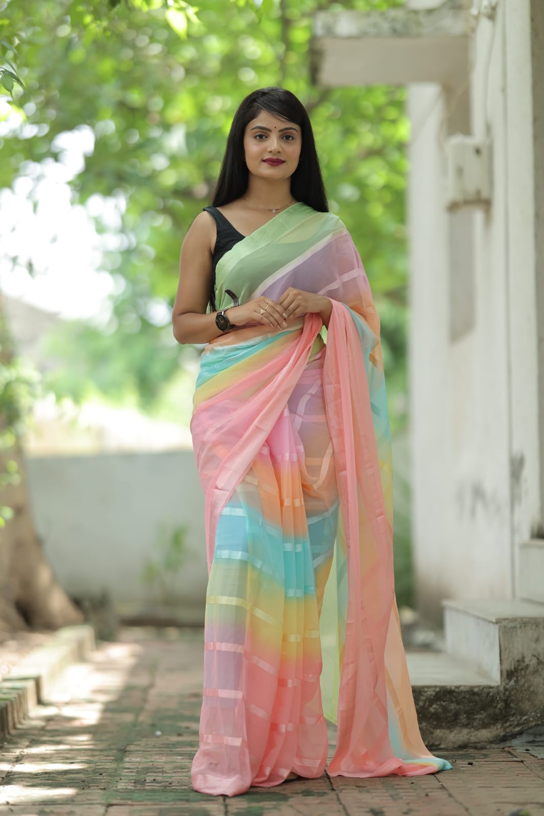 Captivating 1-Minute Ready To Wear Pink Georgette Saree