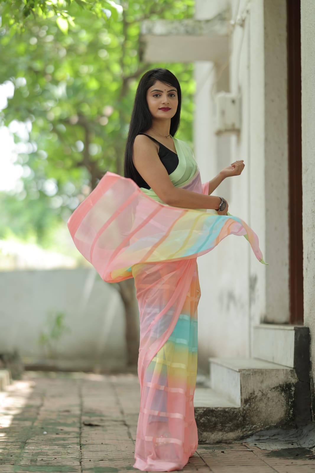 Captivating 1-Minute Ready To Wear Pink Georgette Saree