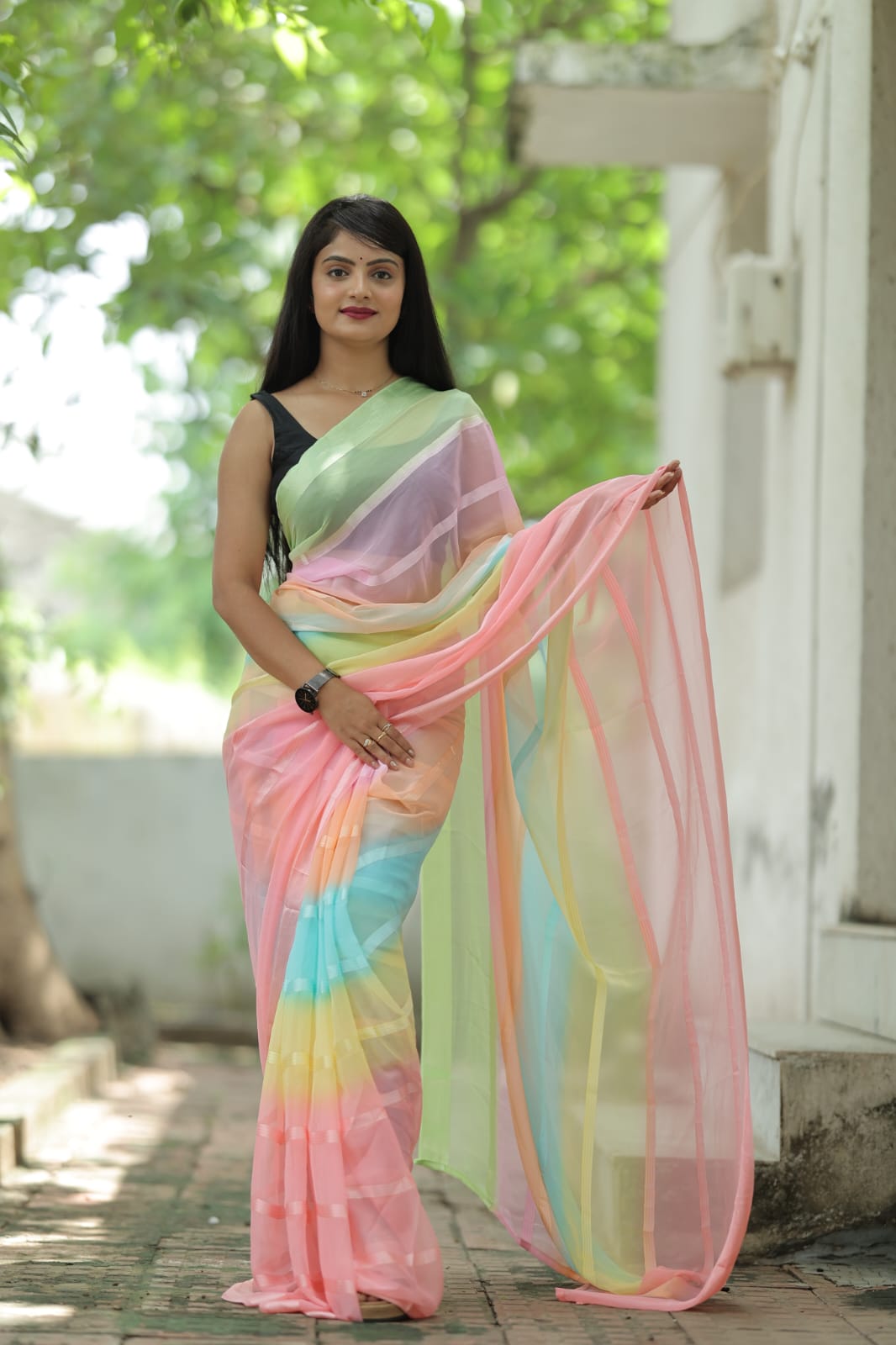 Captivating 1-Minute Ready To Wear Pink Georgette Saree