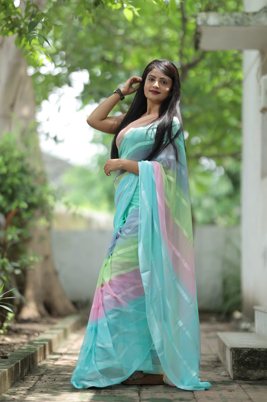 Transfixing 1-Minute Ready To Wear Sky Blue Georgette Saree