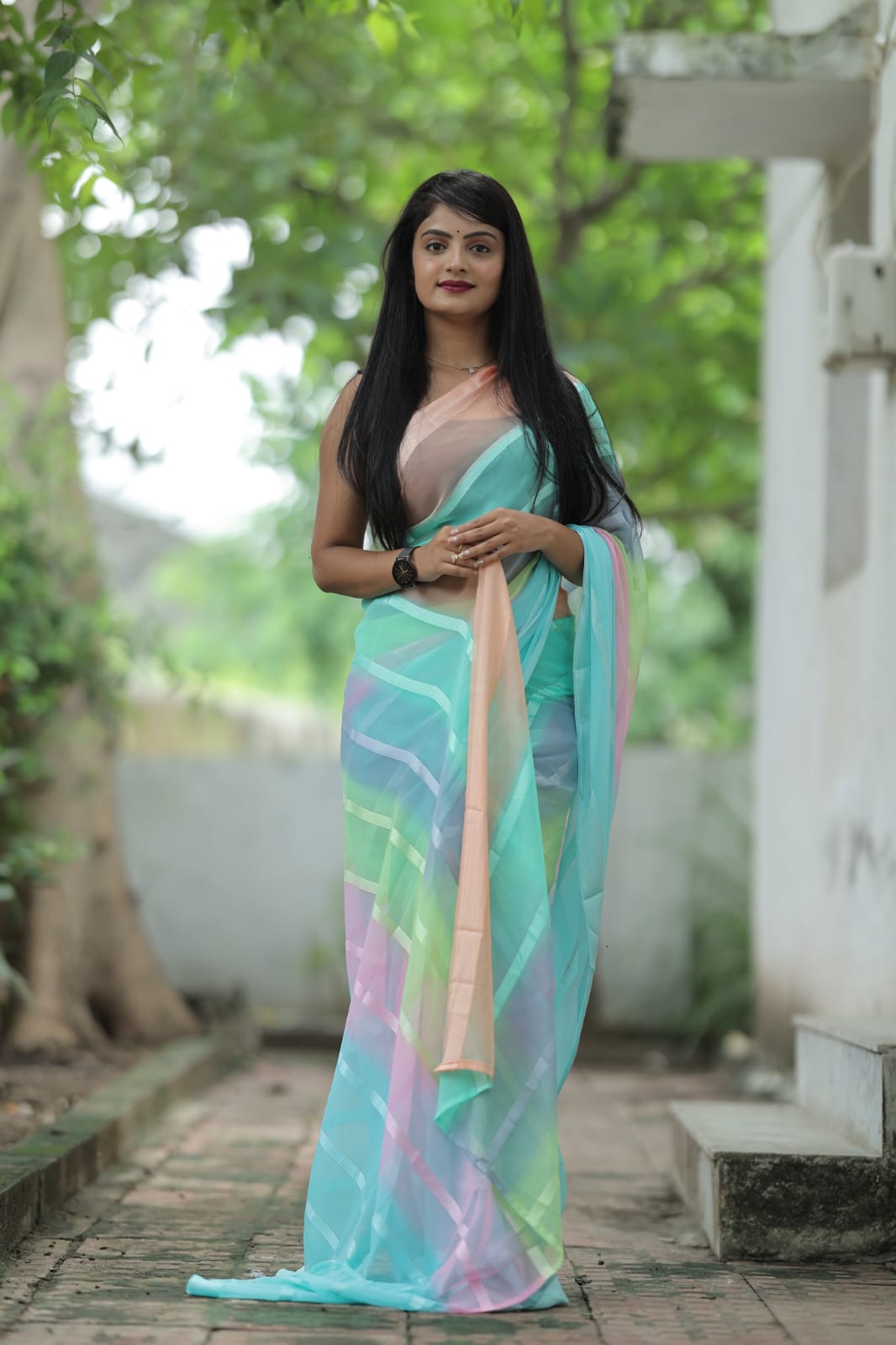 Transfixing 1-Minute Ready To Wear Sky Blue Georgette Saree