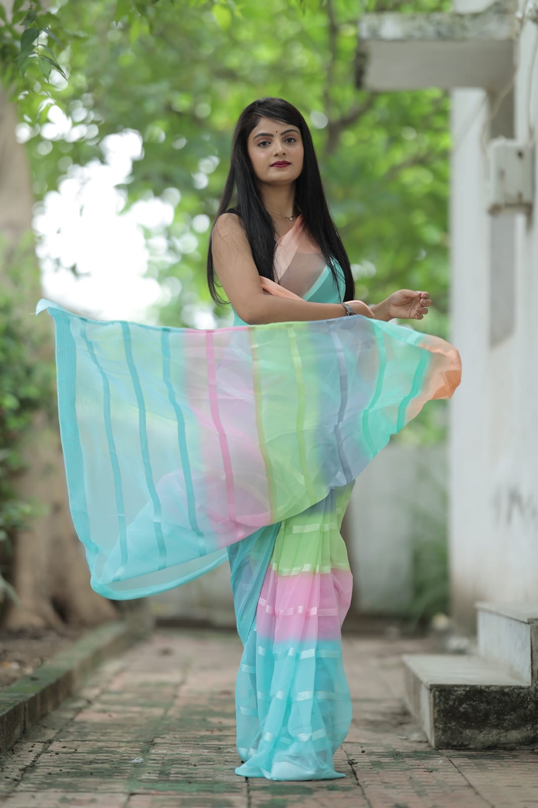 Transfixing 1-Minute Ready To Wear Sky Blue Georgette Saree