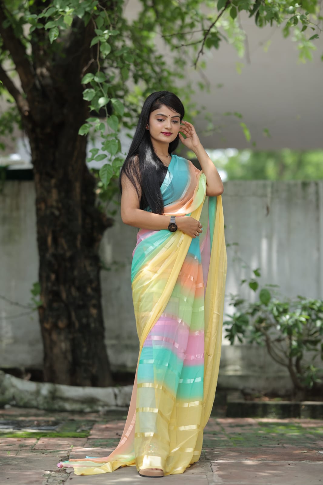Soporific 1-Minute Ready To Wear Yellow Georgette Saree
