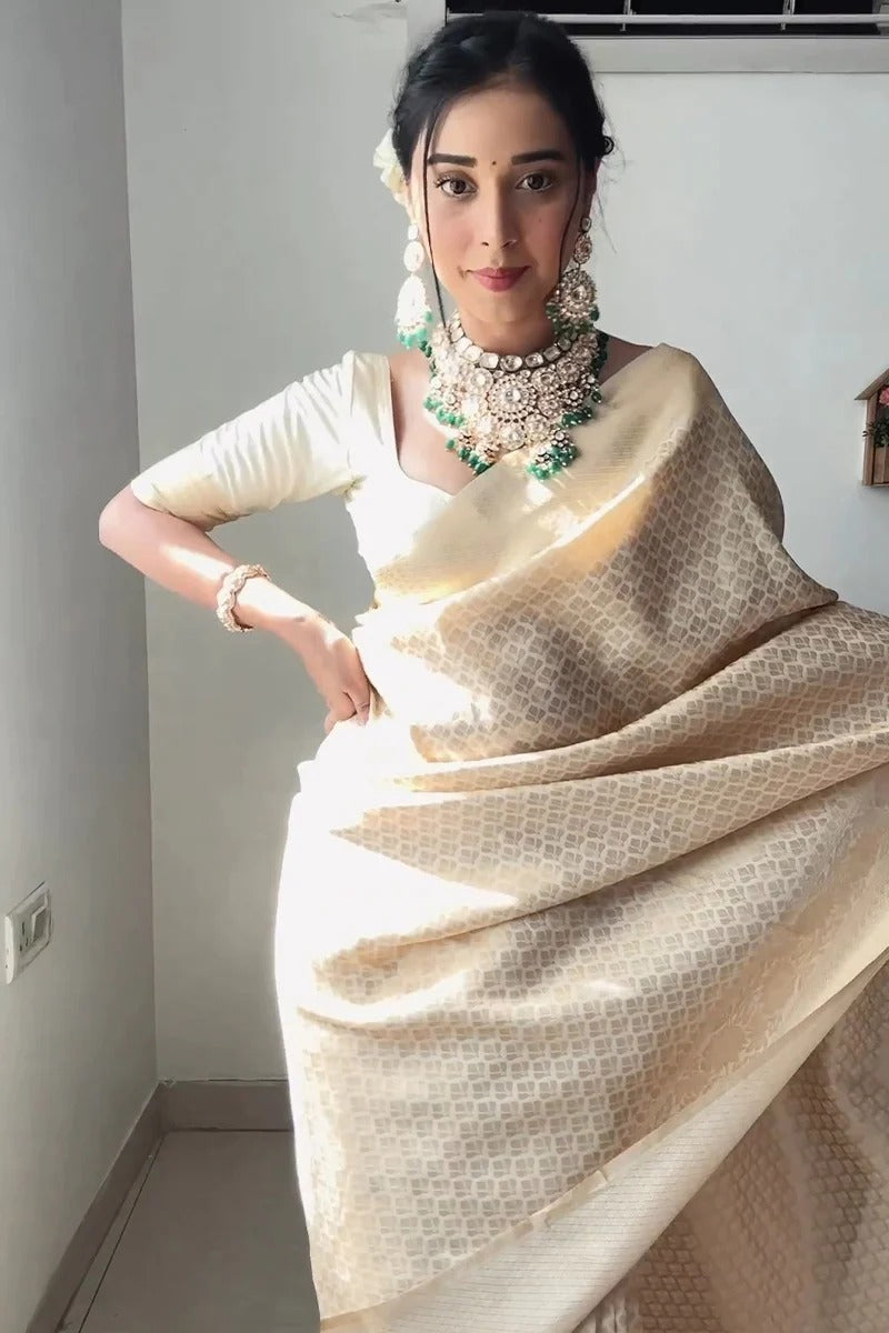 Mellow 1-Minute Ready To Wear Beige Soft Silk Saree