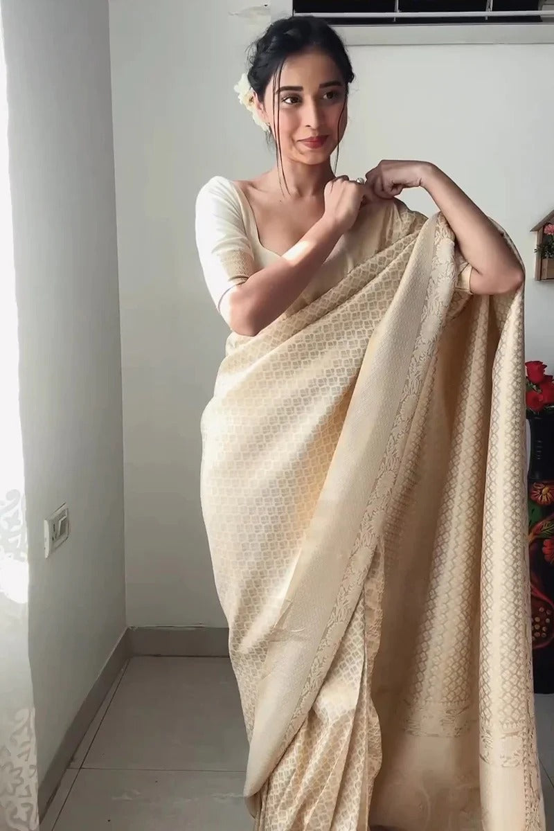 Mellow 1-Minute Ready To Wear Beige Soft Silk Saree